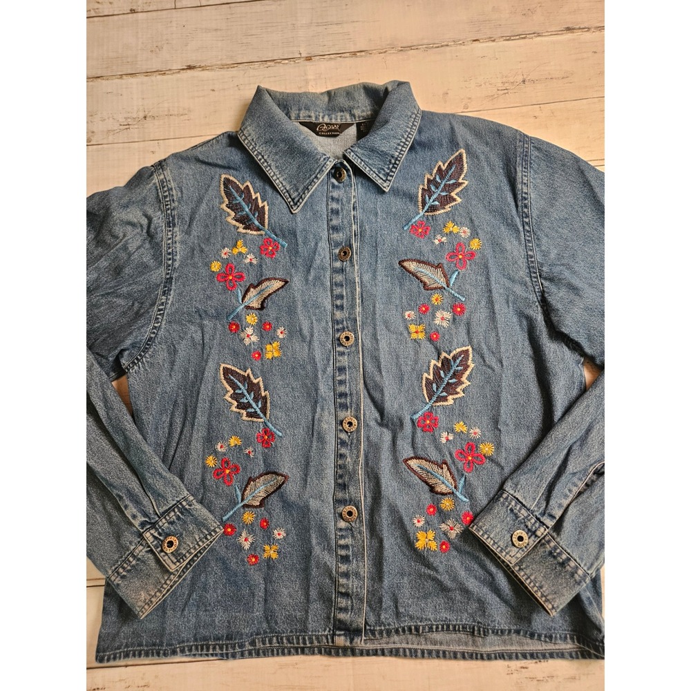 Vintage 90s Agapo Denim Skirt Jacket Set Embroidered Floral Folk Western XL